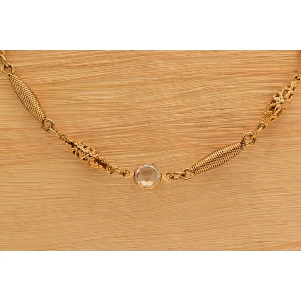 Vintage Crystal Open Bezel Chain Necklace Gold Tone Linked Shiny 1980s BinBE